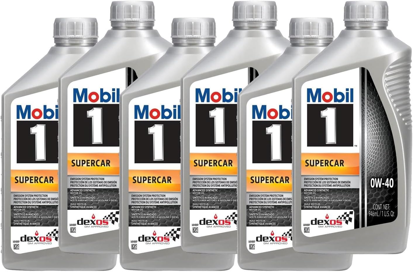 Mobil One 0W40 Engine oil; six bottles on a white background. Best engine oil for performance.