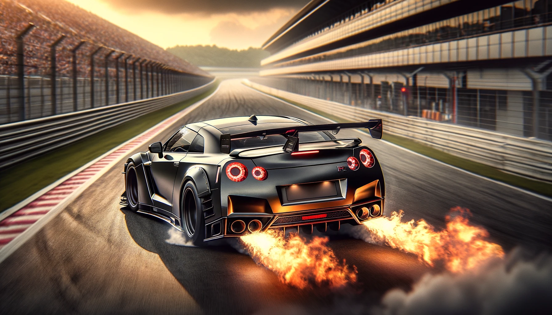 An example of a car with forced induction; A Nissan GT-R, driving fast down a racetrack with flames coming out the exhaust pipes, in a wide format.