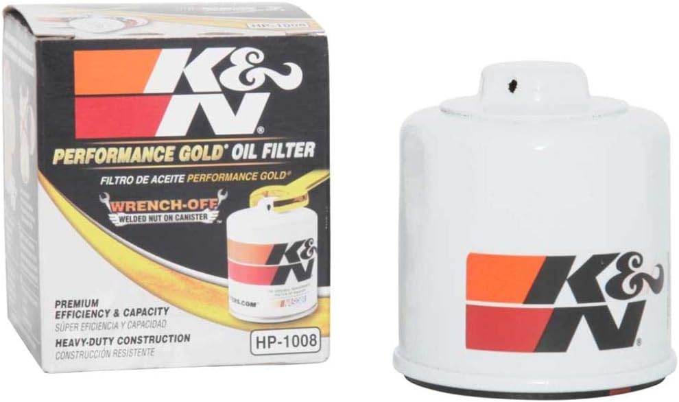 One of the best engine oil filters ; K&N Oil Filter and product box isolated on a white background.