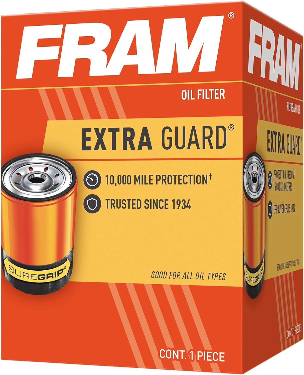 Fram Extra Guard Oil Filter Packaging box isolated on a white background.