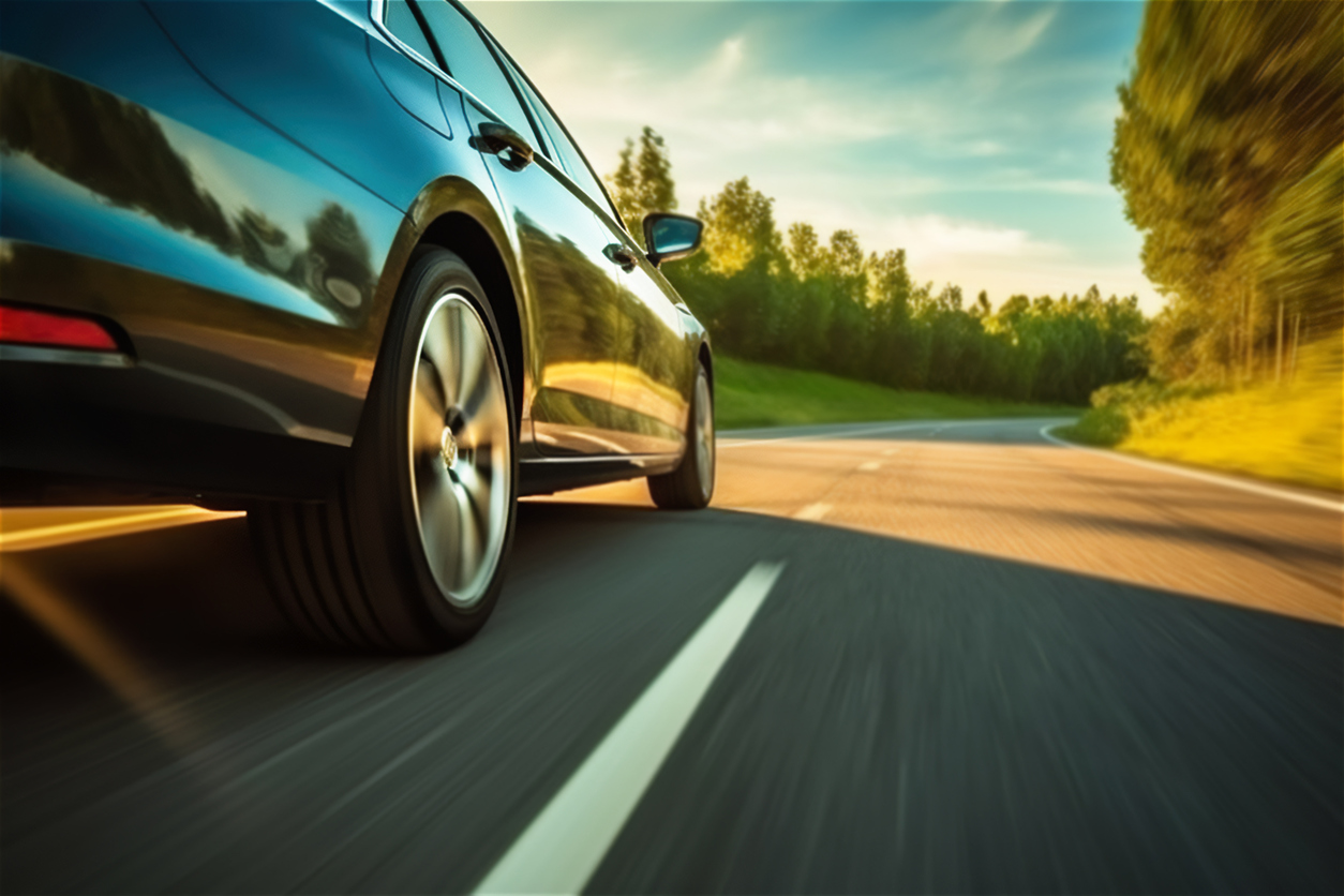 Low angle side view of car rushes along the highway at sunset.